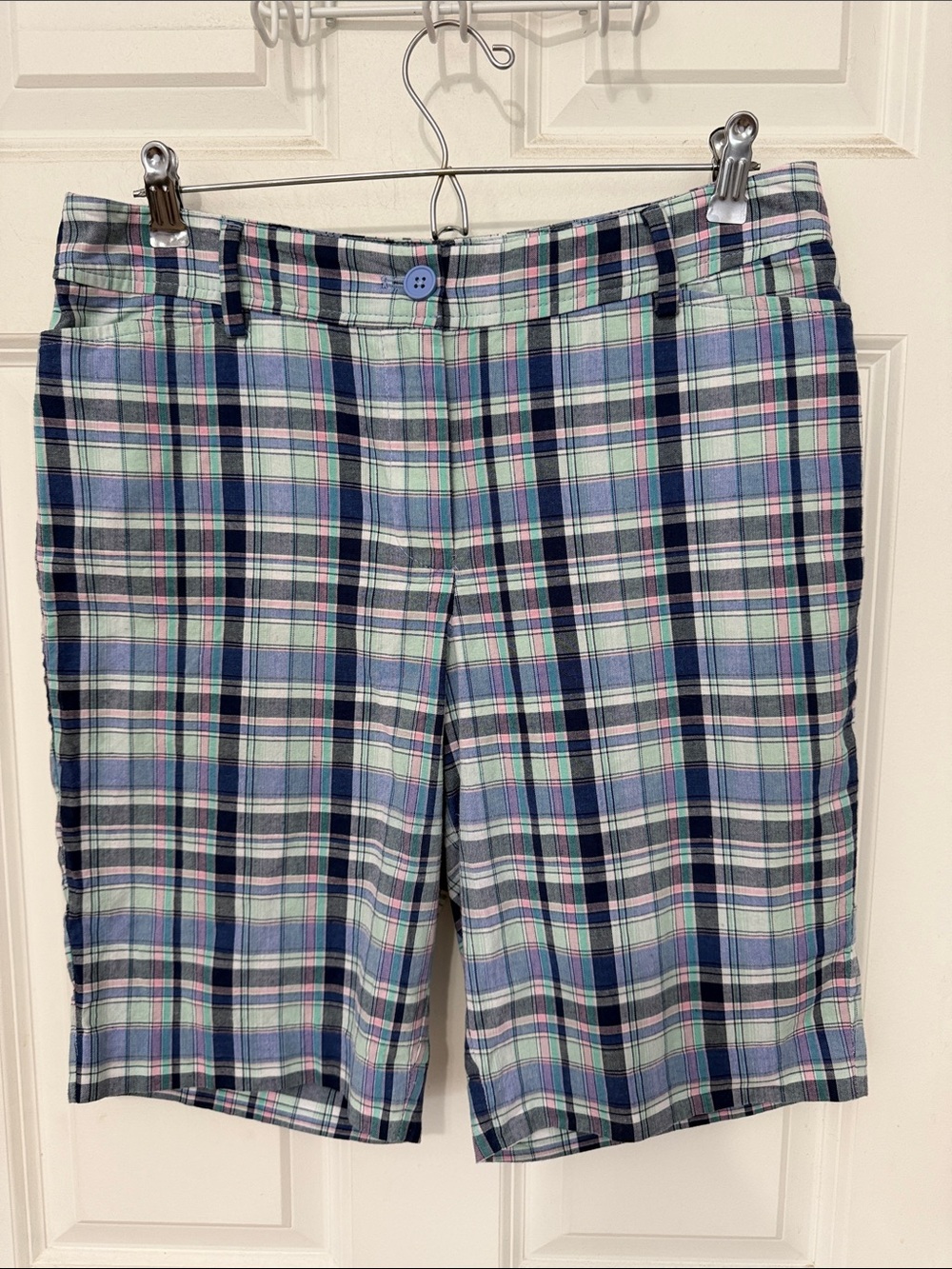 Talbots Plaid Bermuda Shorts Size 8 Blue & Mint Green Madras 10” inseam shorts